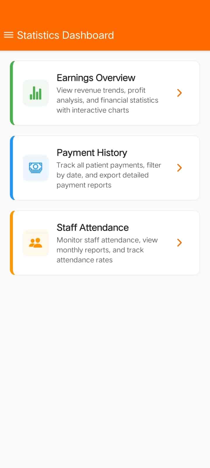 Statistics Dashboard with Earnings Overview, Payment History and Staff Attendance in the Android app — FindClinica dentist & medical software
