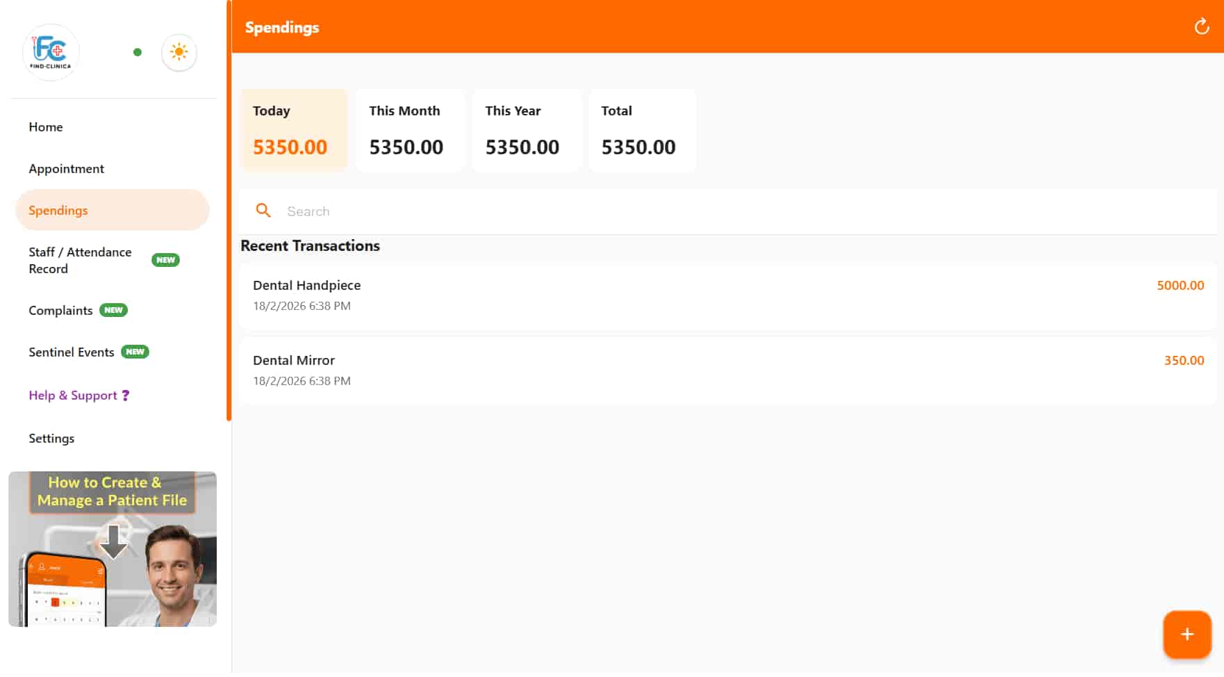 Clinic expense and spending tracker in the desktop app — FindClinica dentist & medical software
