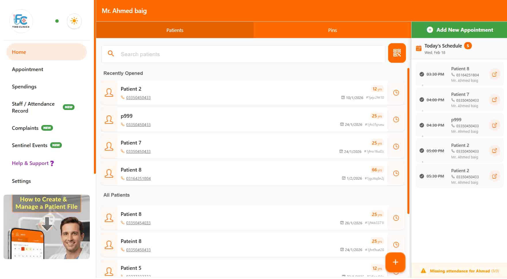 Patient File Management — FindClinica dental & clinic app screenshot (desktop view)