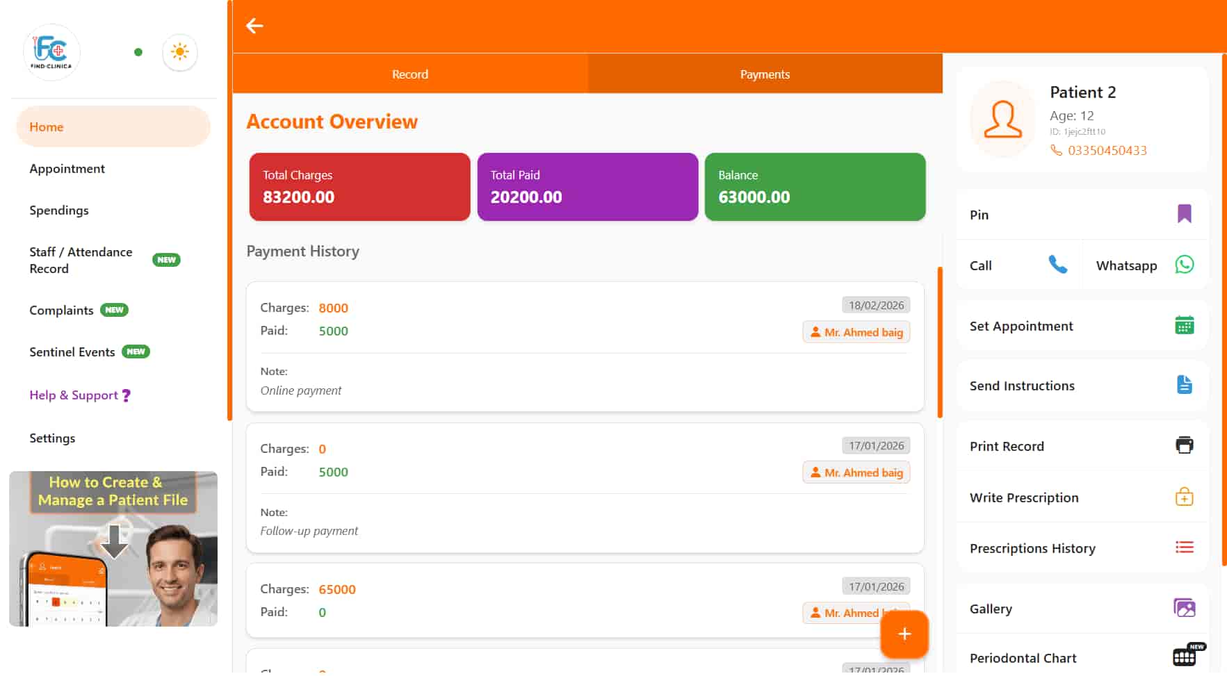 Payment Tracking — FindClinica dental & clinic app screenshot (desktop view)