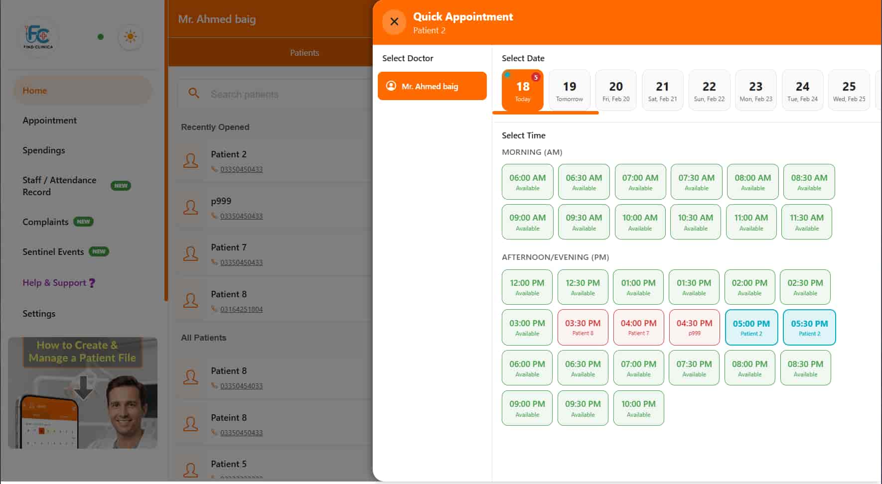 Quick appointment booking screen in the desktop app — FindClinica dentist & medical software