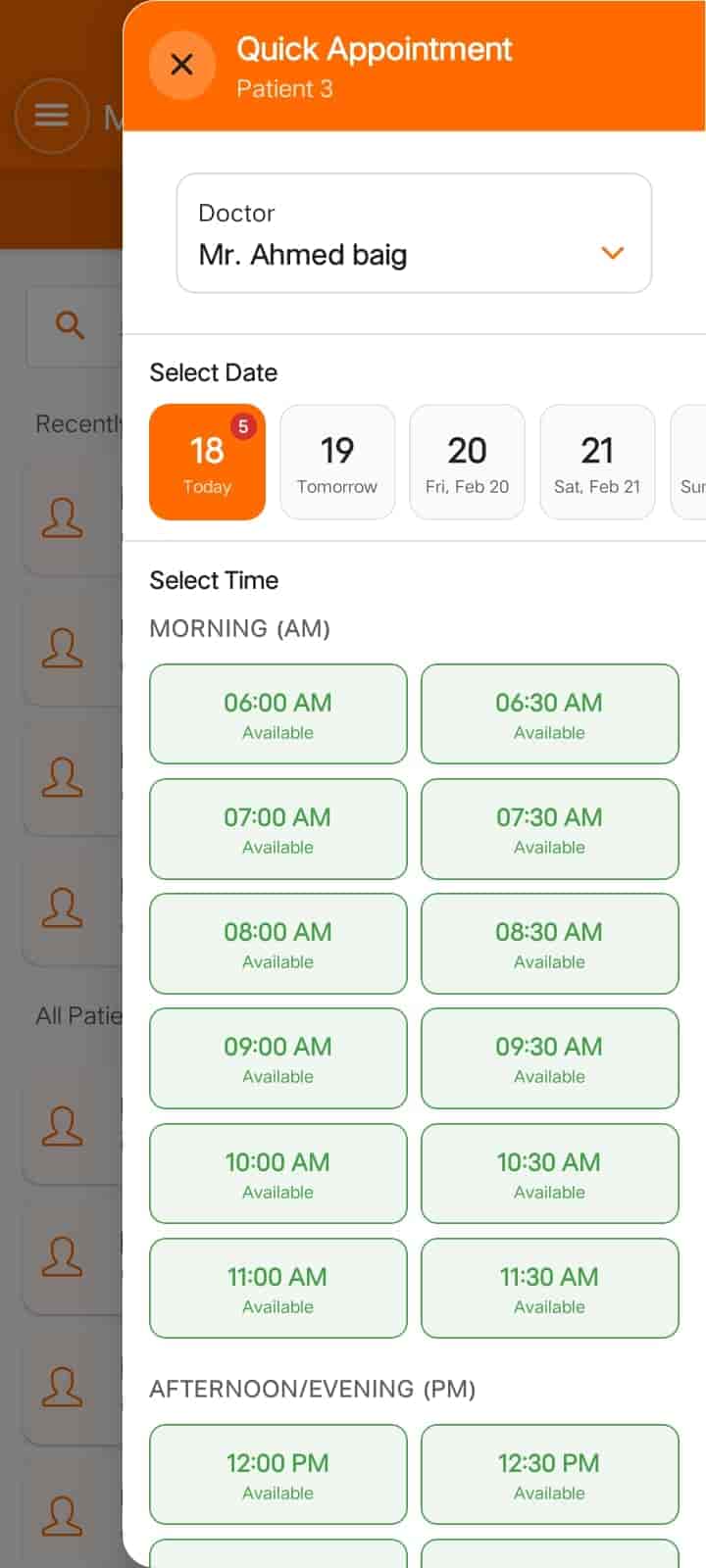 Quick appointment booking screen in the Android app — FindClinica dentist & medical software