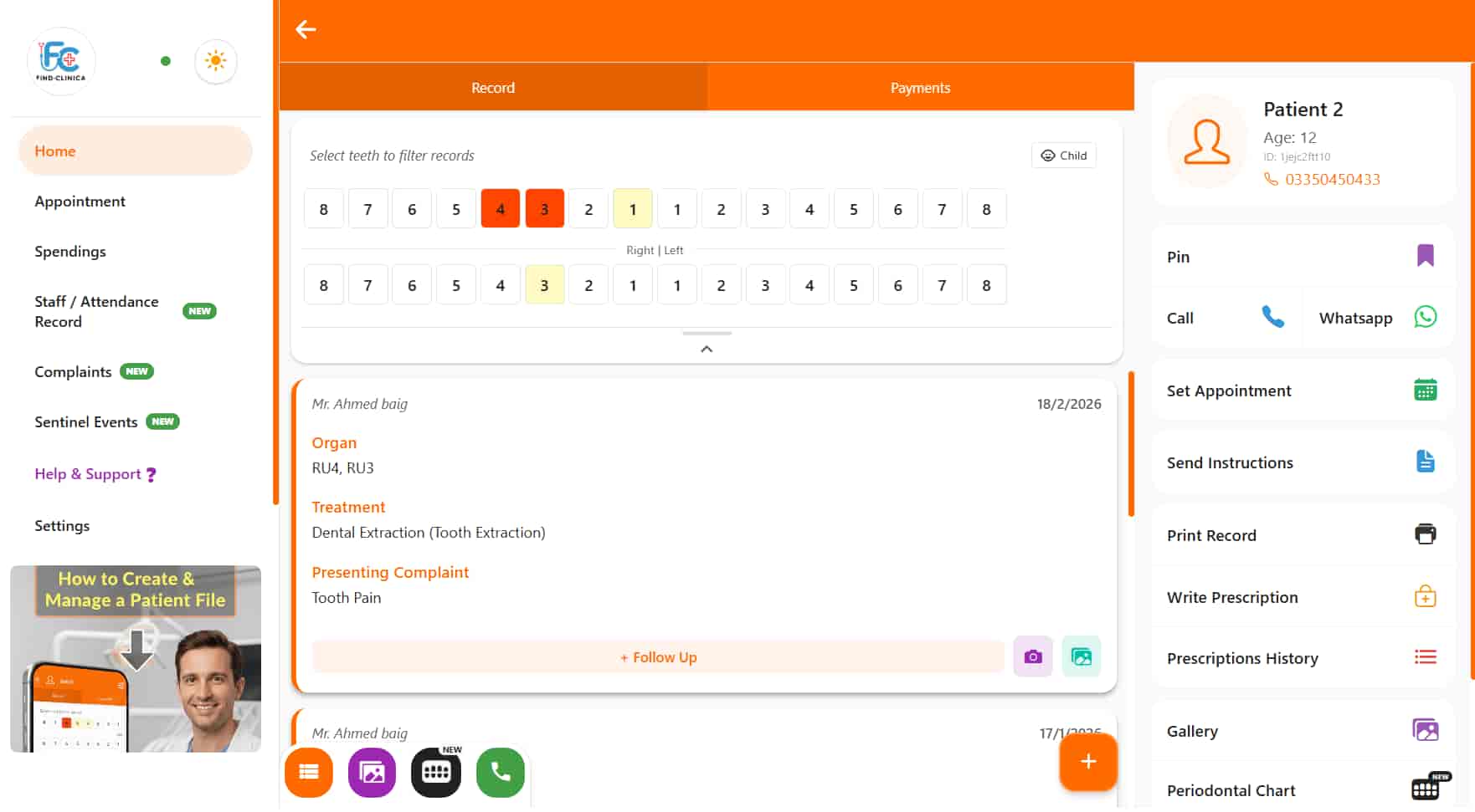 A patient's treatment records in the desktop app — FindClinica dentist & medical software