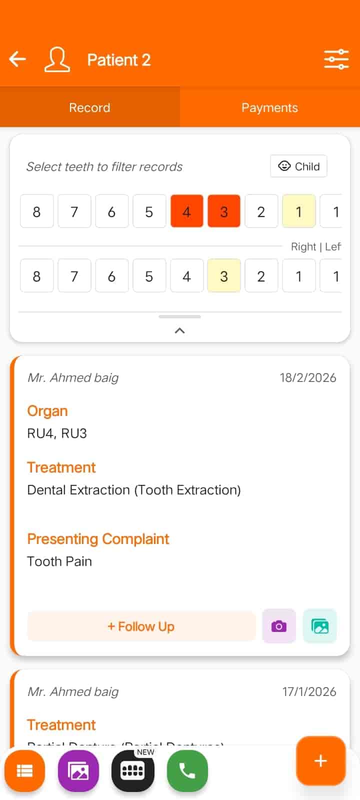 A patient's treatment records in the Android app — FindClinica dentist & medical software