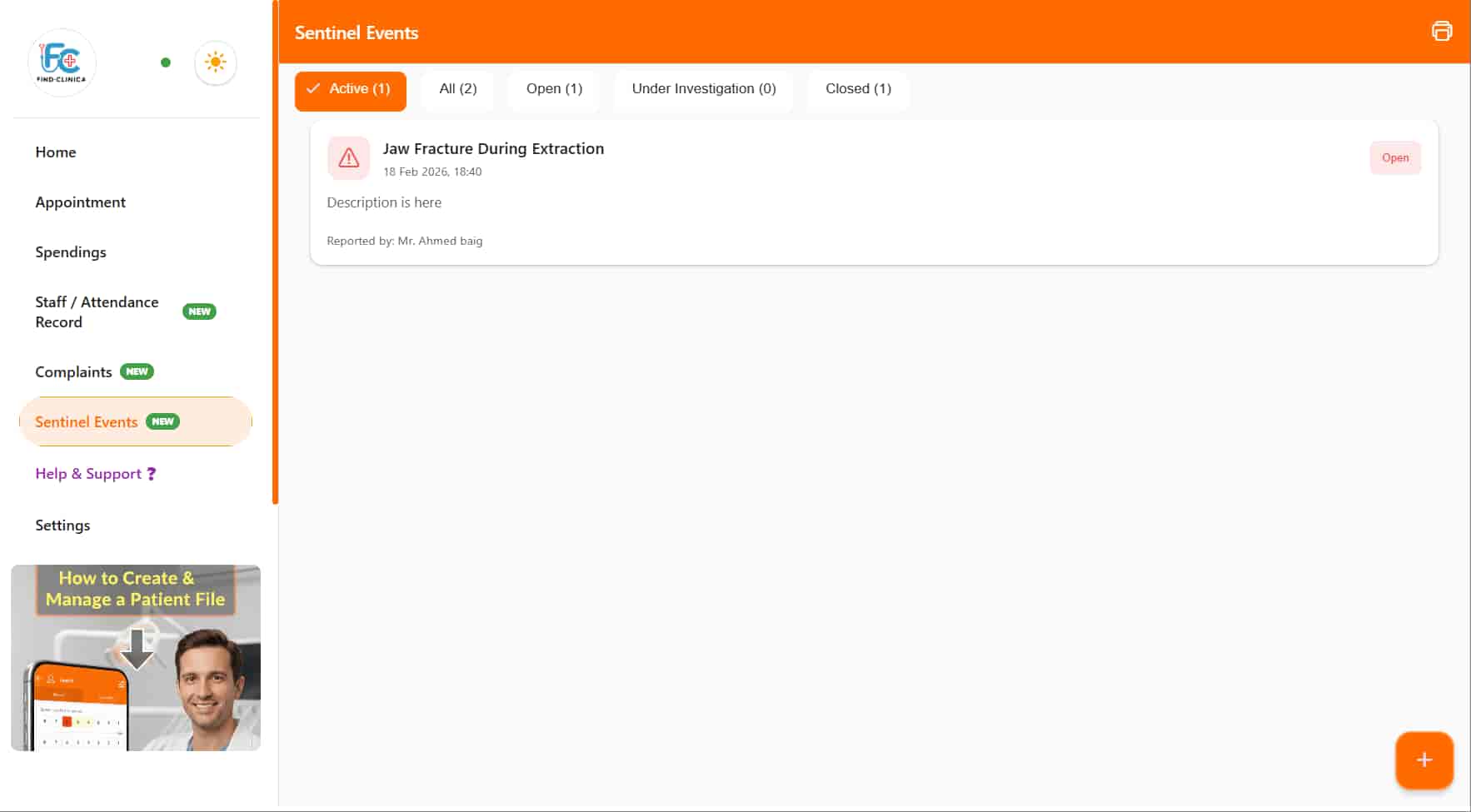 Sentinel Event System — FindClinica dental & clinic app screenshot (desktop view)