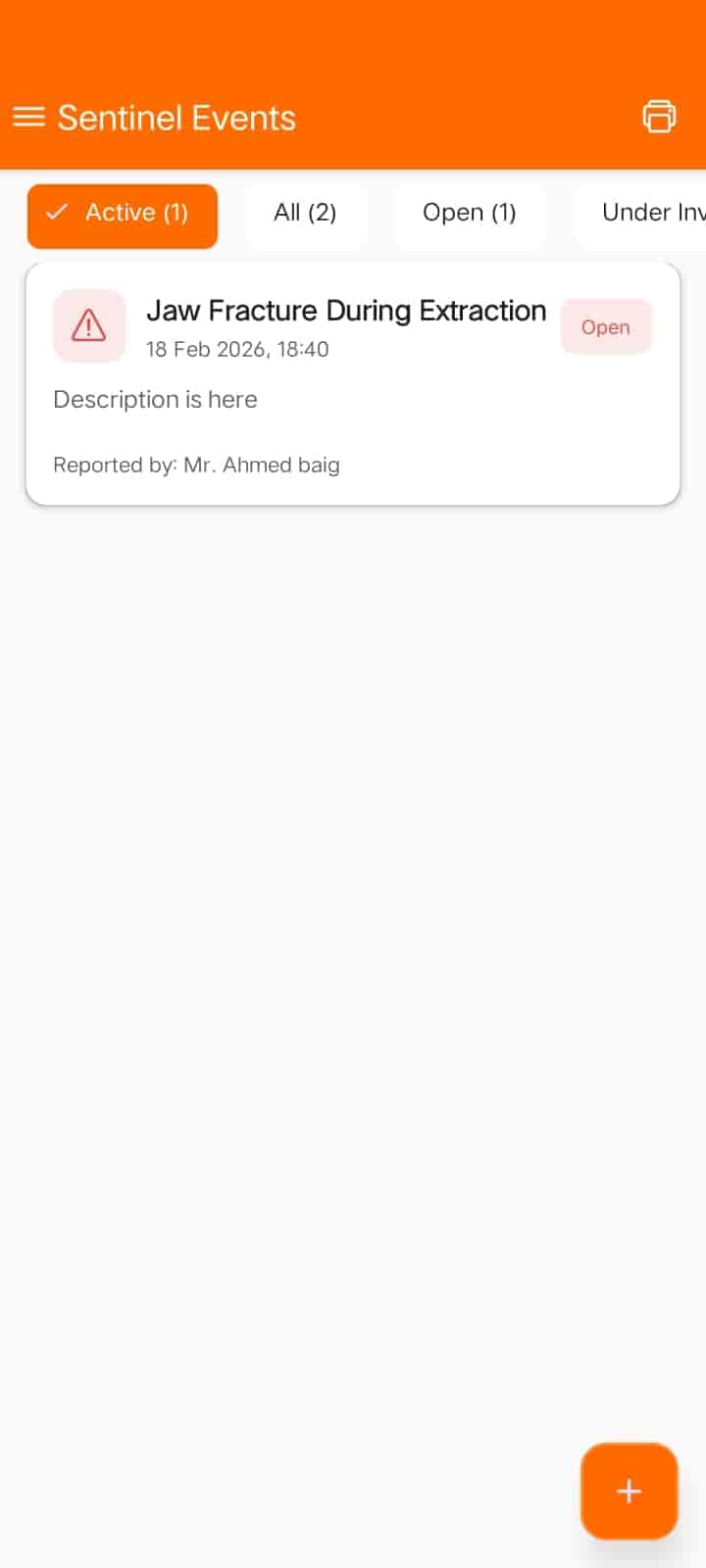Sentinel Event System — FindClinica dental & clinic app screenshot (mobile view)