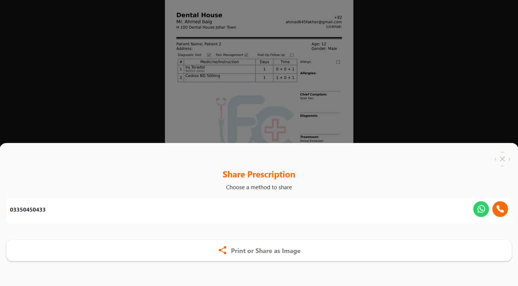 Prescription ready to print or send on WhatsApp in the desktop app — FindClinica dentist & medical software