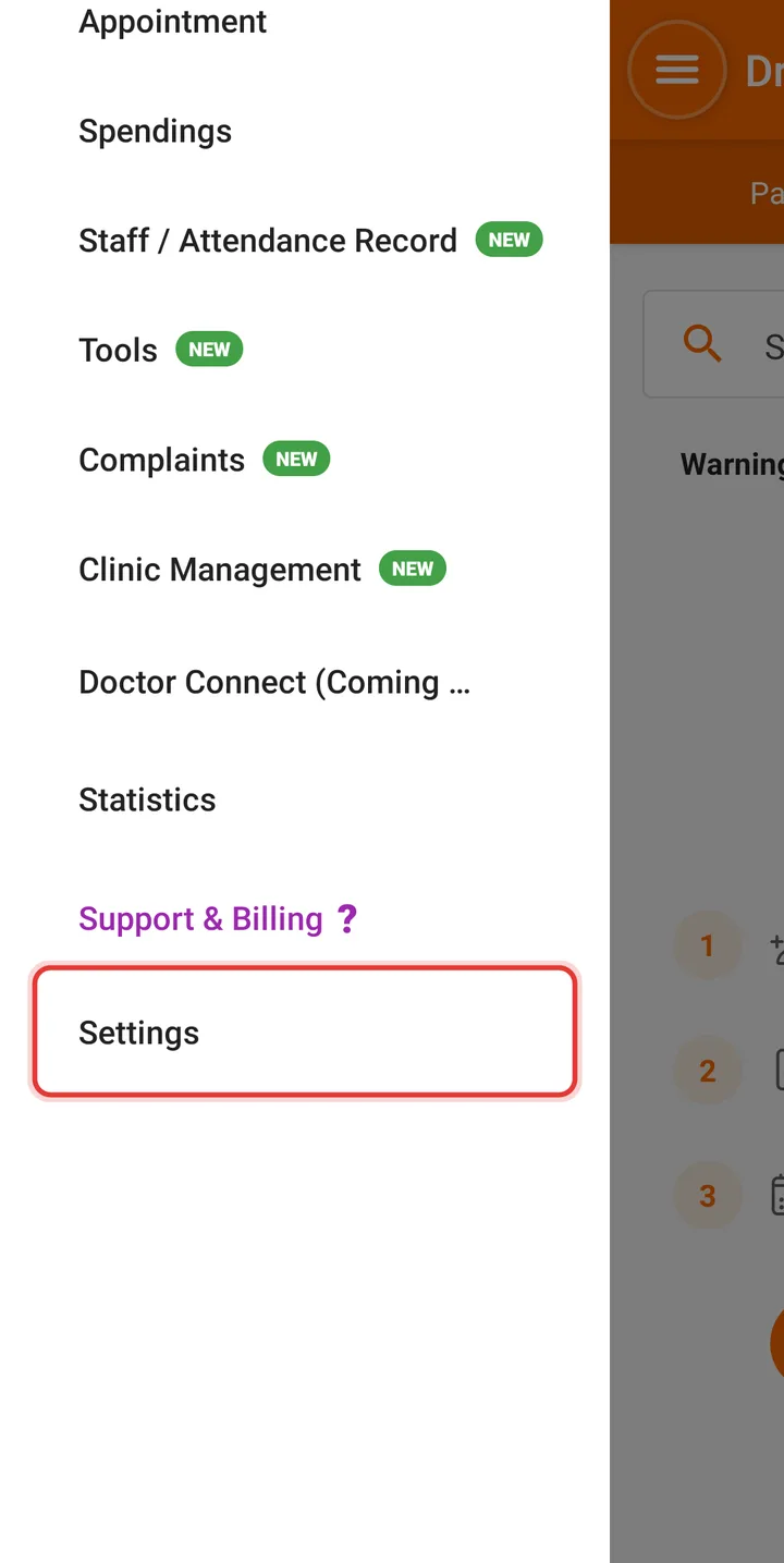 Side menu with Settings highlighted