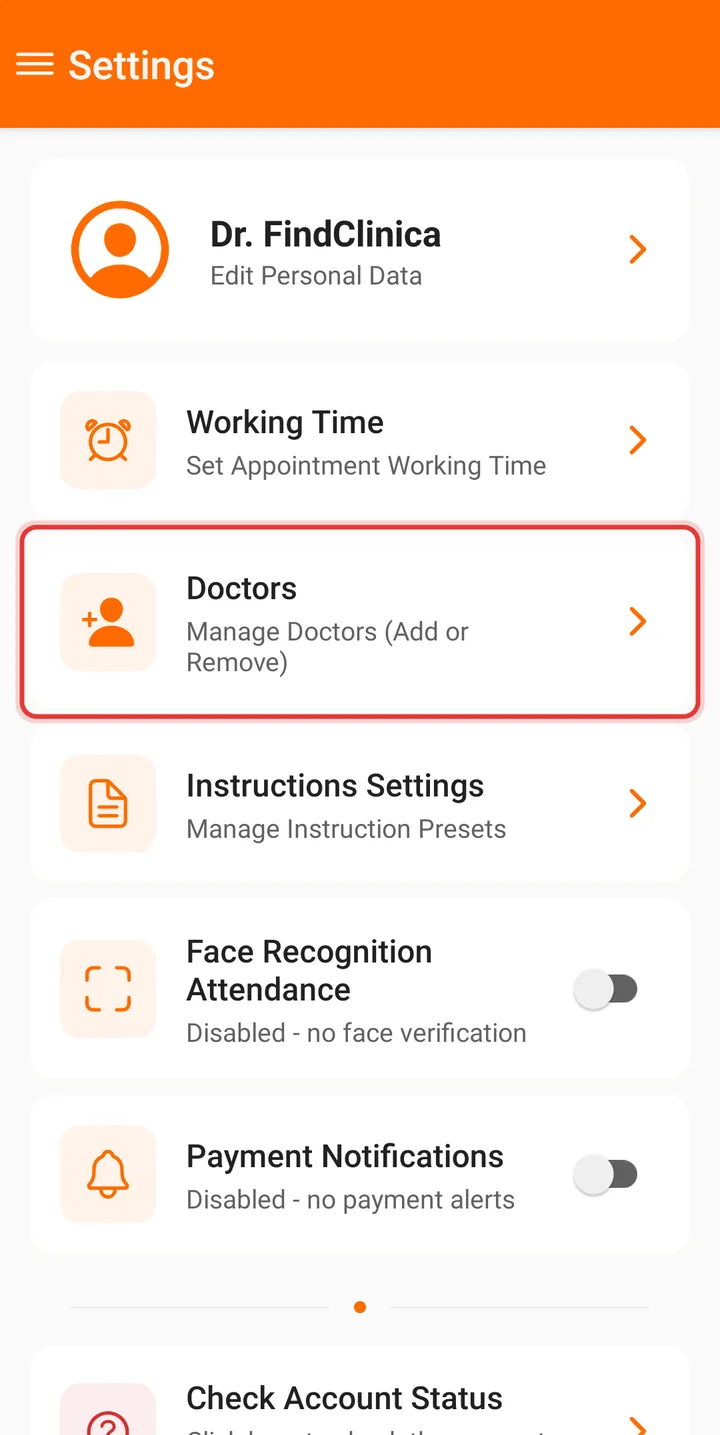 Settings screen with Doctors highlighted