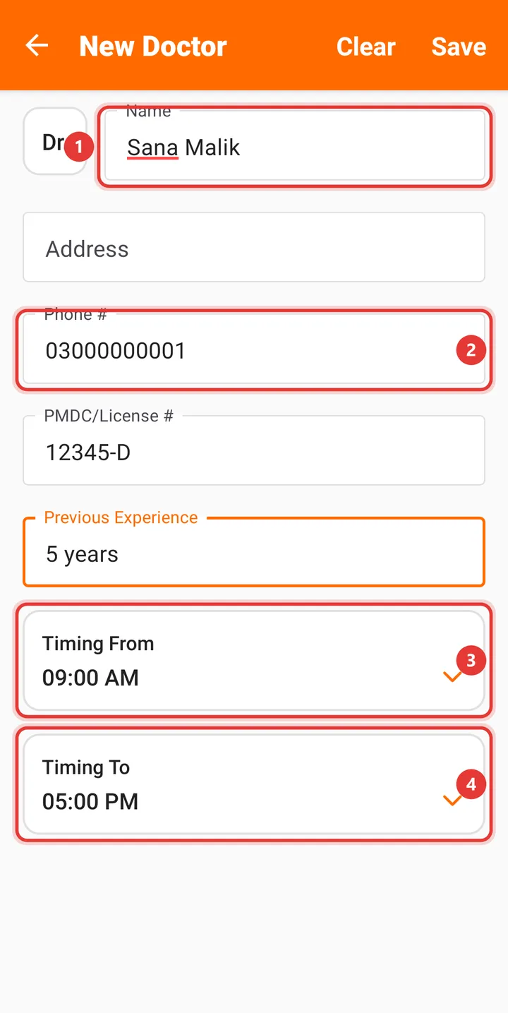 New Doctor form filled in with name, phone, license and timing