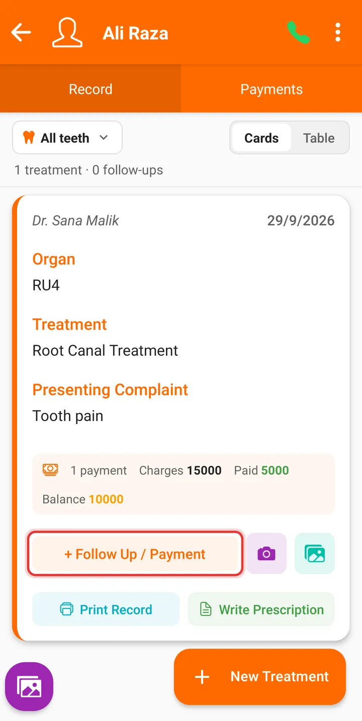 Treatment card on a phone with the Follow Up / Payment button highlighted