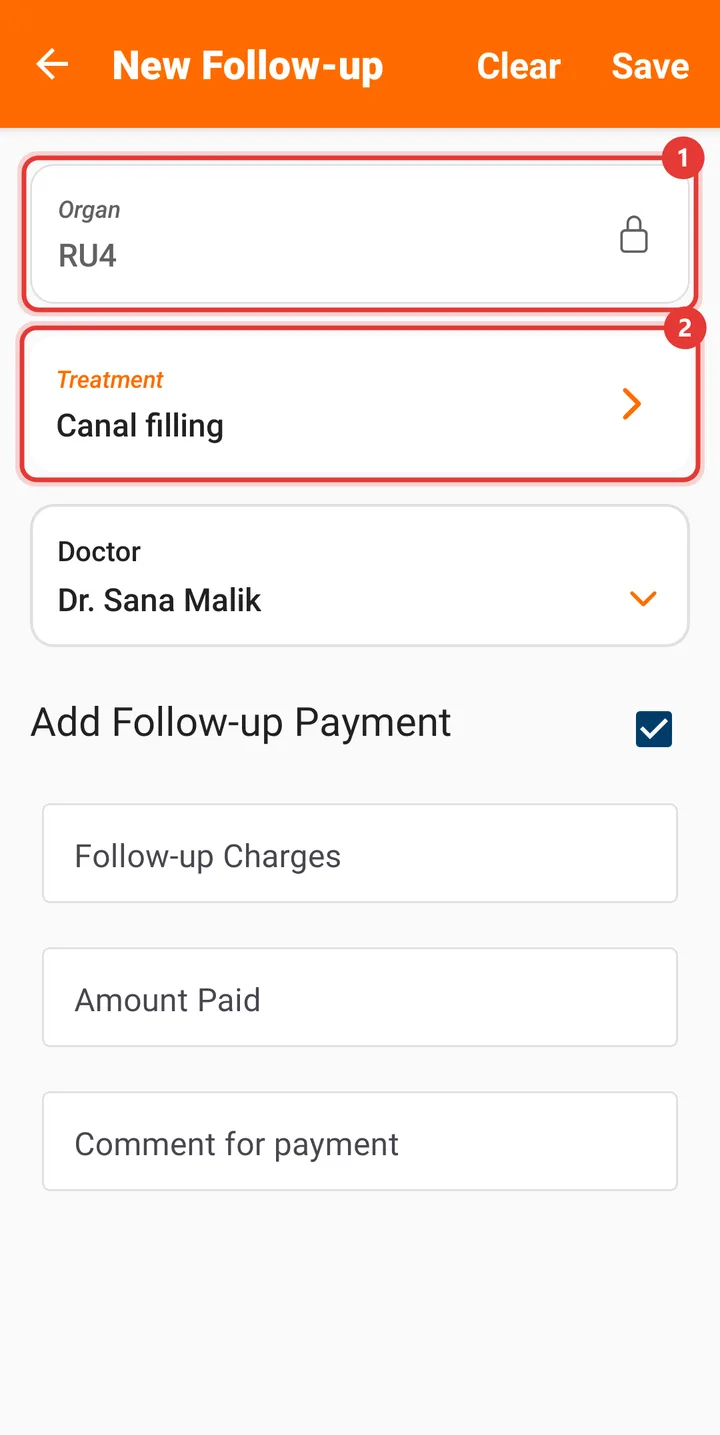 New Follow-up screen with the Organ and Treatment highlighted