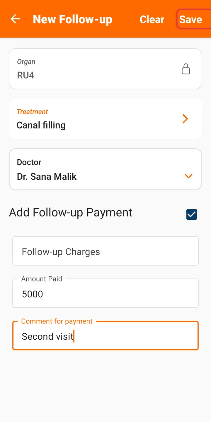 New Follow-up screen with the Save button highlighted