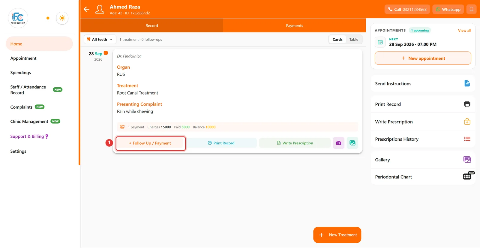 Treatment card with the Follow Up / Payment button highlighted