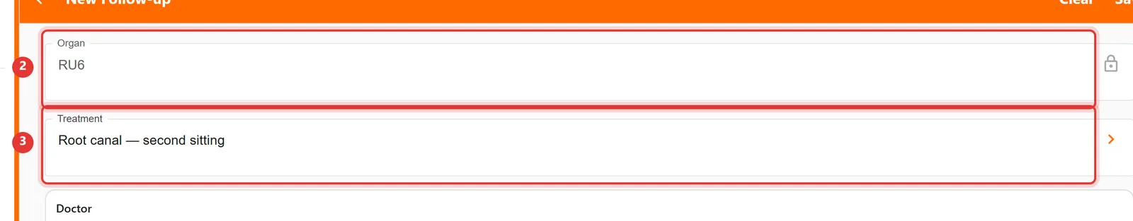 New Follow-up form with the locked Organ field and the Treatment field highlighted
