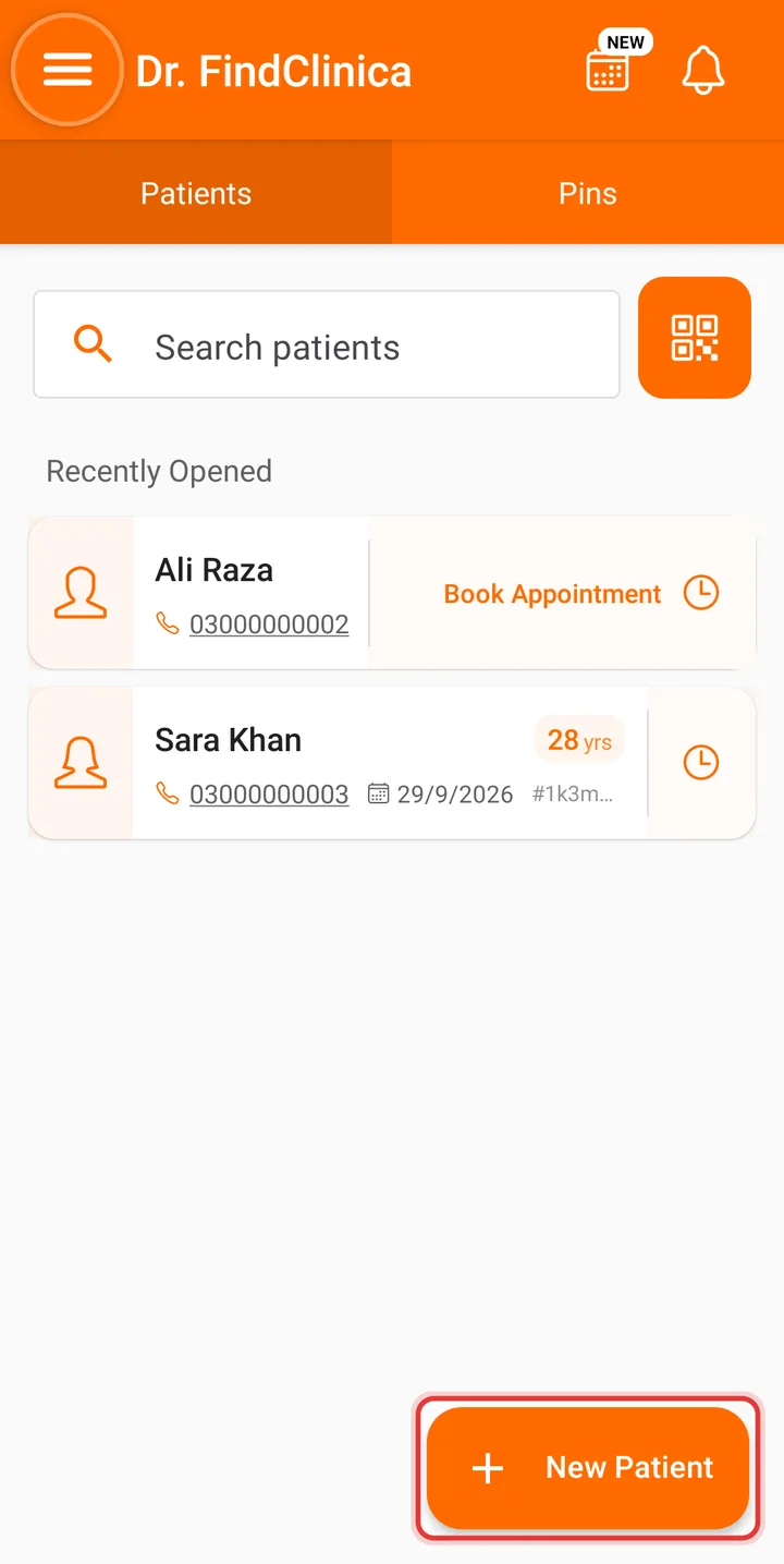 FindClinica mobile patient list with the New Patient button highlighted