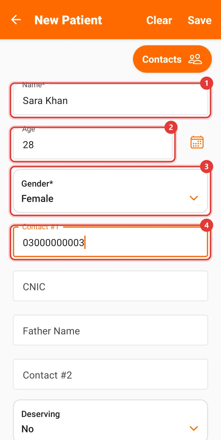 New Patient form on a phone with Name, Age, Gender and Contact #1 filled in