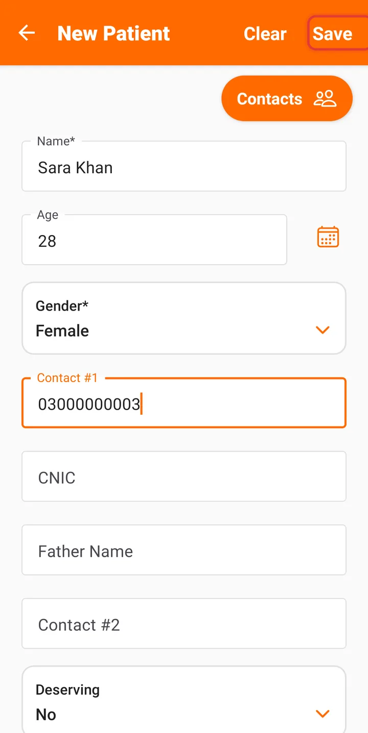 New Patient screen with the Save button highlighted