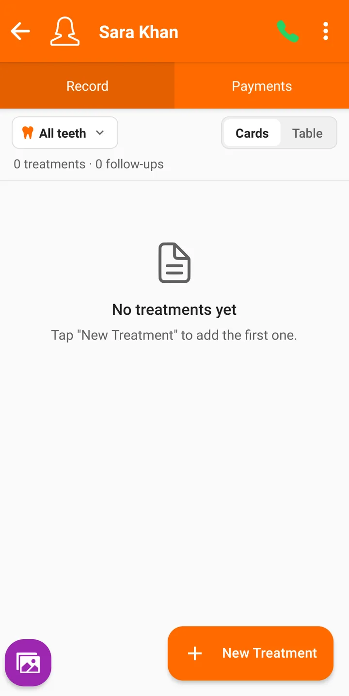 A new patient's Record tab on a phone showing No treatments yet