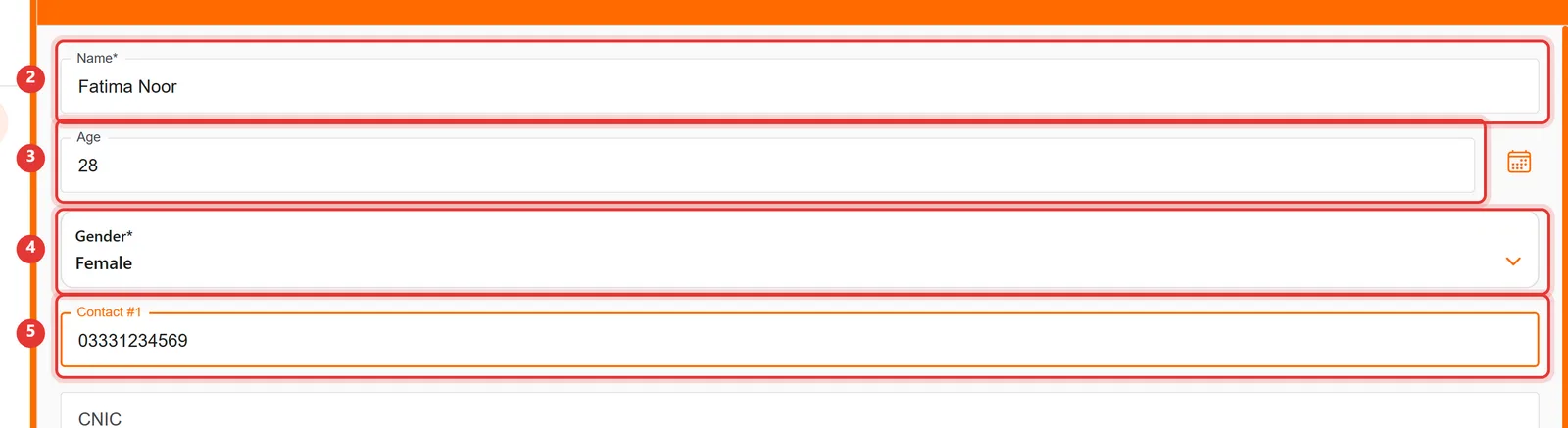 New Patient form with the Name, Age, Gender and Contact #1 fields filled in and highlighted