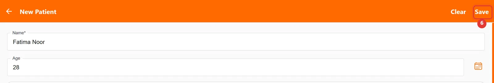 New Patient screen header with the Save button highlighted