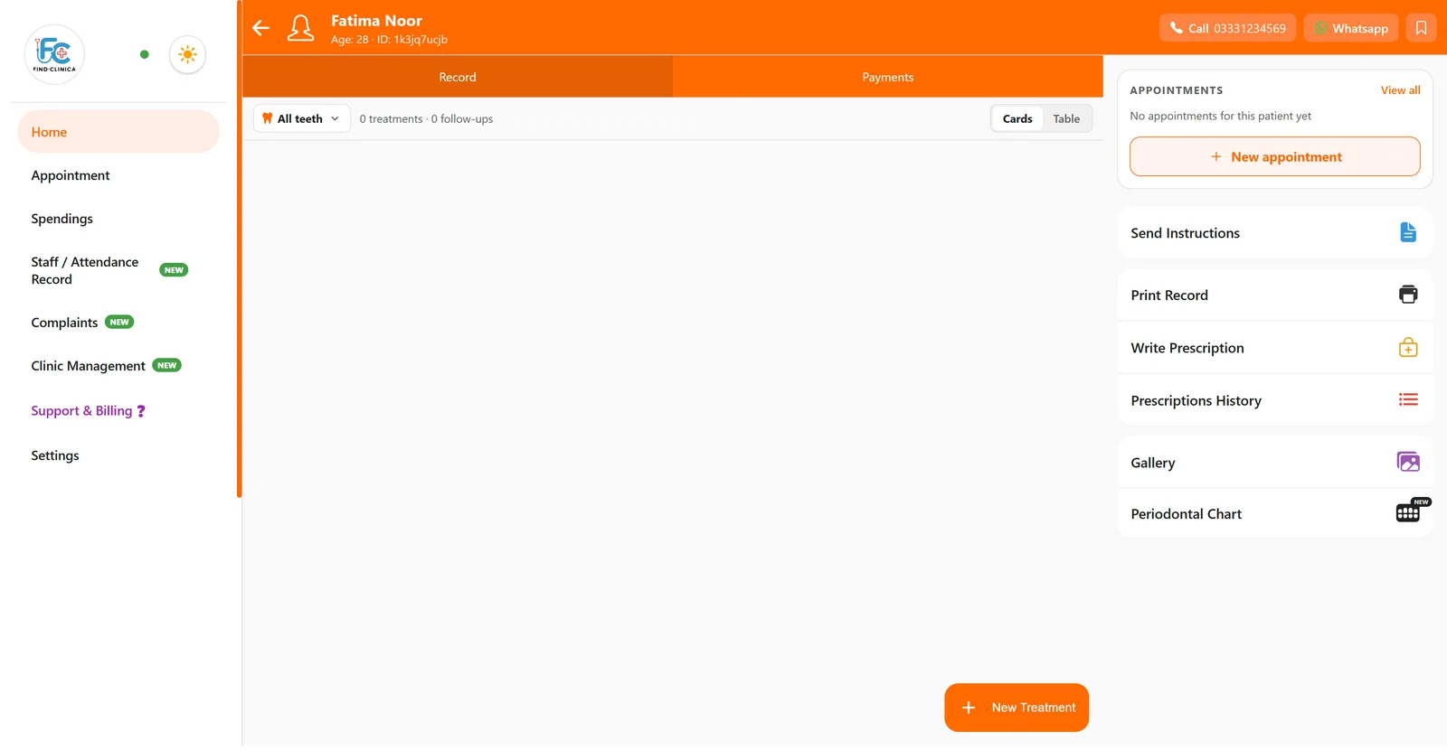 The new patient's page in FindClinica showing Record and Payments tabs and the New appointment button
