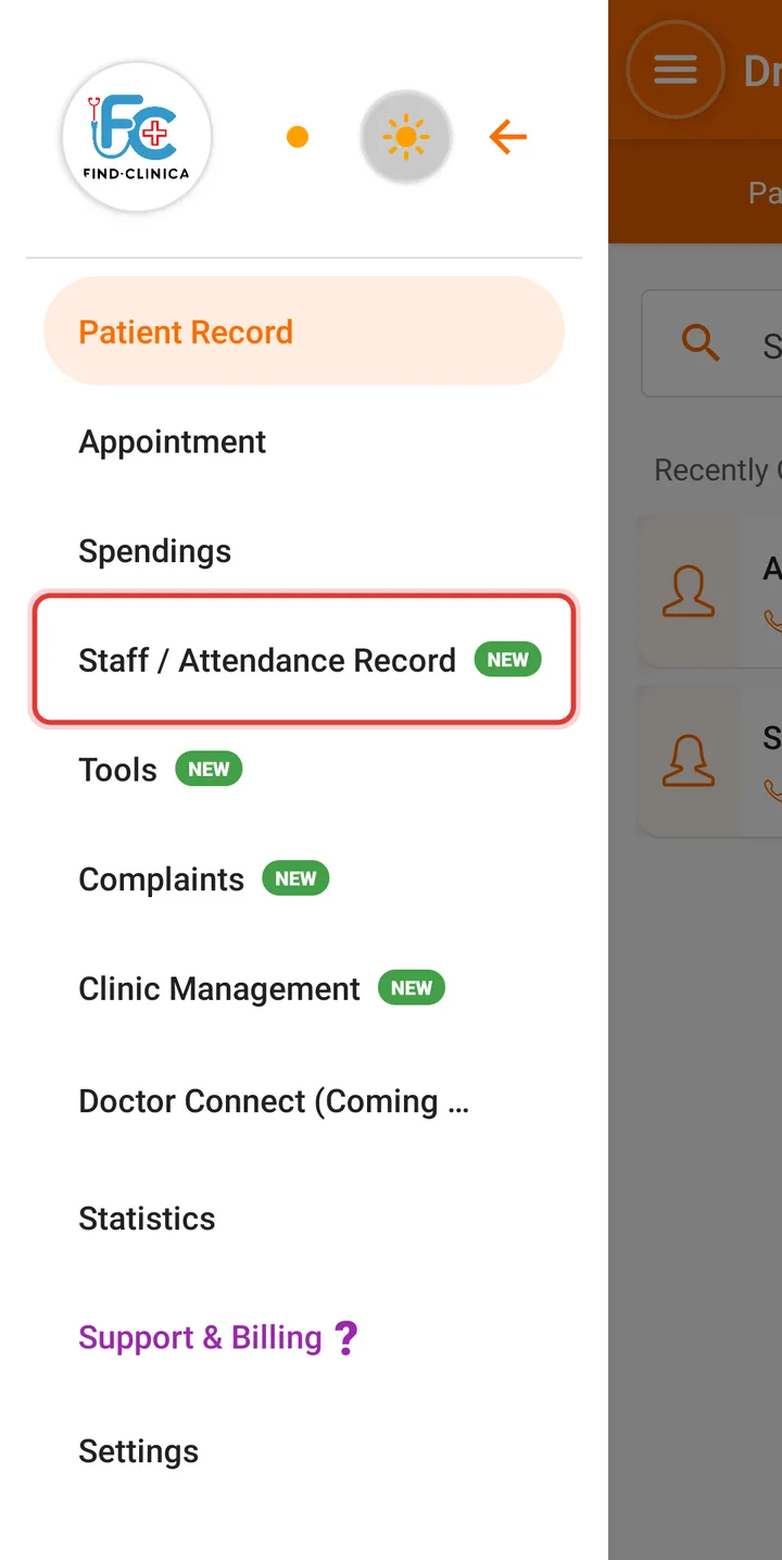 Side menu with Staff / Attendance Record highlighted