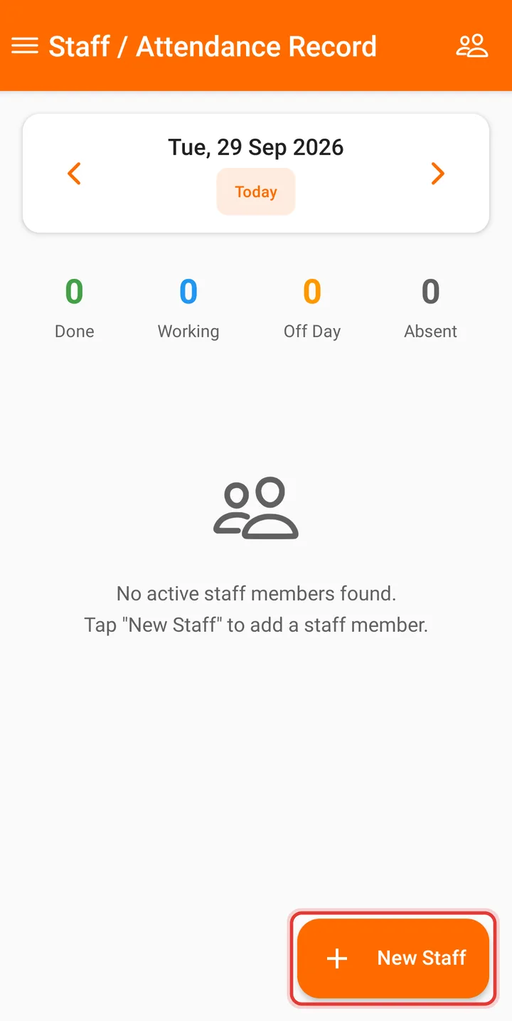 Staff / Attendance Record screen with the New Staff button highlighted