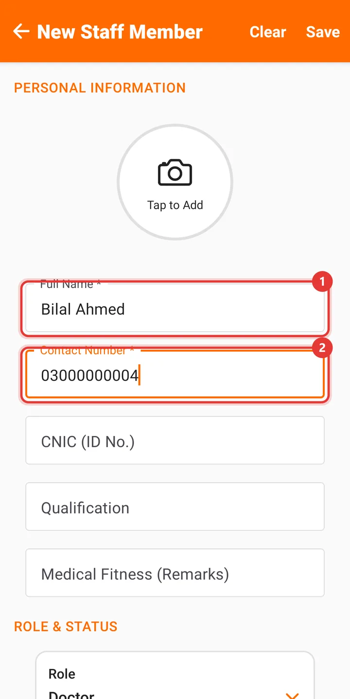 New Staff Member form with name and number filled in