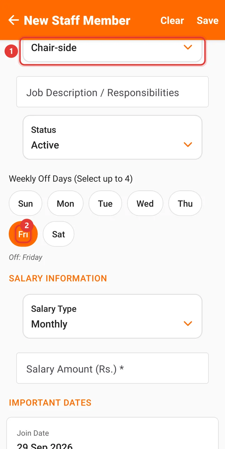 Role and weekly off day selected on the staff form