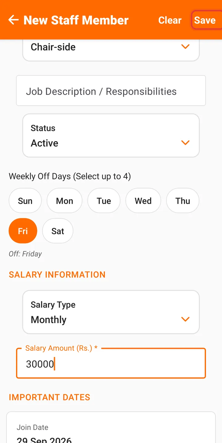 New Staff Member screen with the Save button highlighted