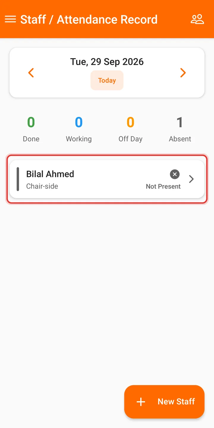 Attendance list showing the new staff member