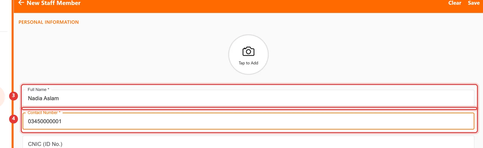 New Staff Member form with Full Name and Contact Number highlighted