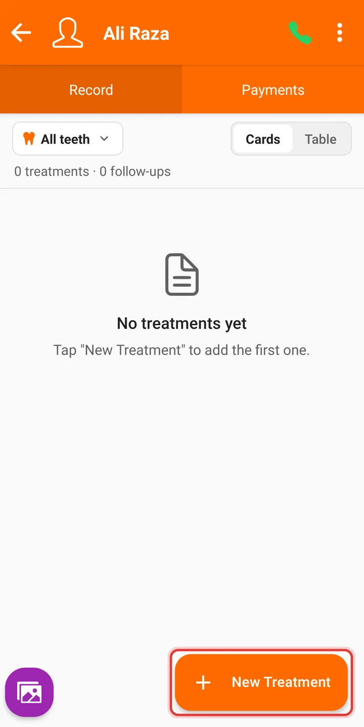 Patient page on a phone with the New Treatment button highlighted