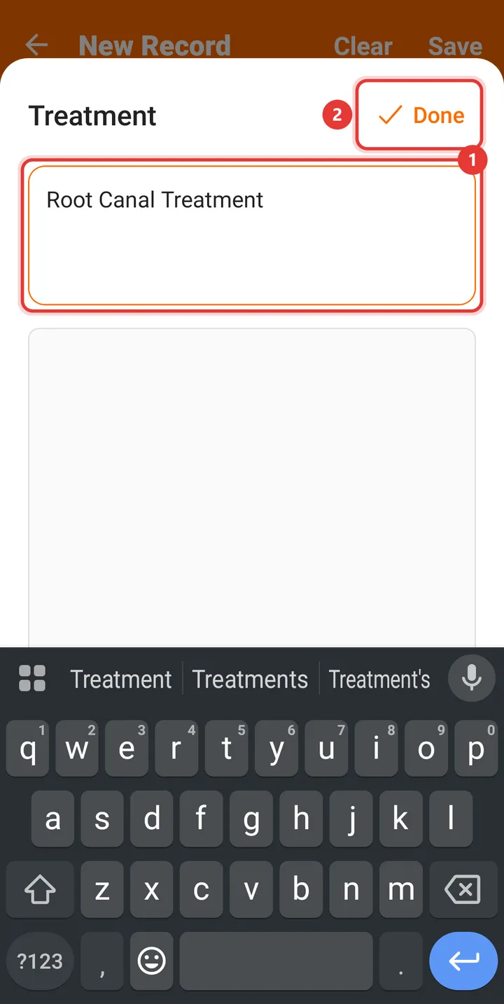 Treatment entry screen with Root Canal Treatment typed and the Done button highlighted
