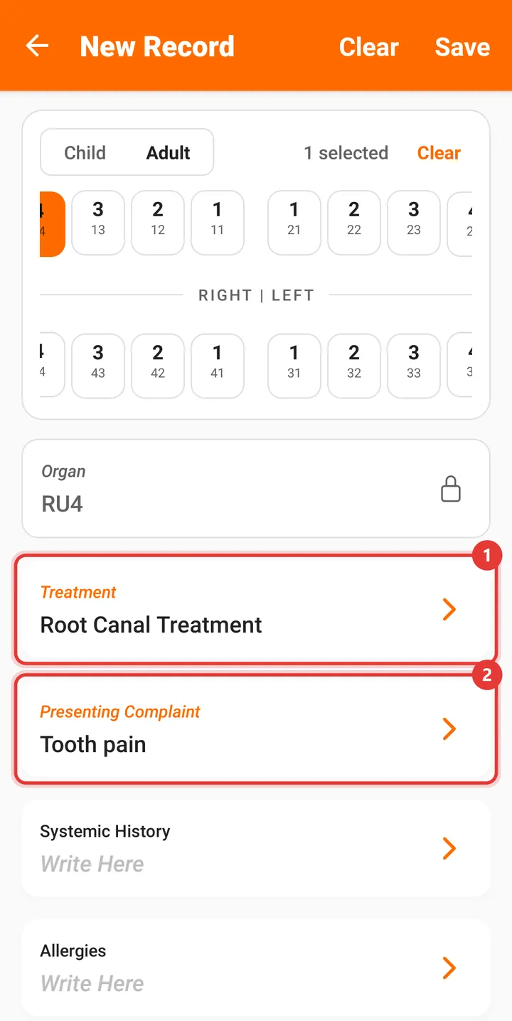 Treatment form with the Treatment and Presenting Complaint filled in