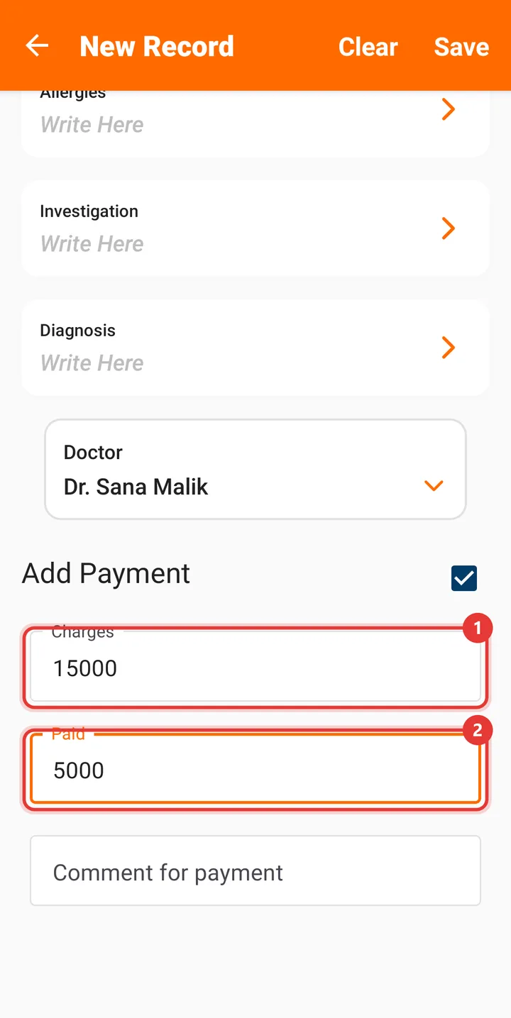 Add Payment section with Charges 15000 and Paid 5000