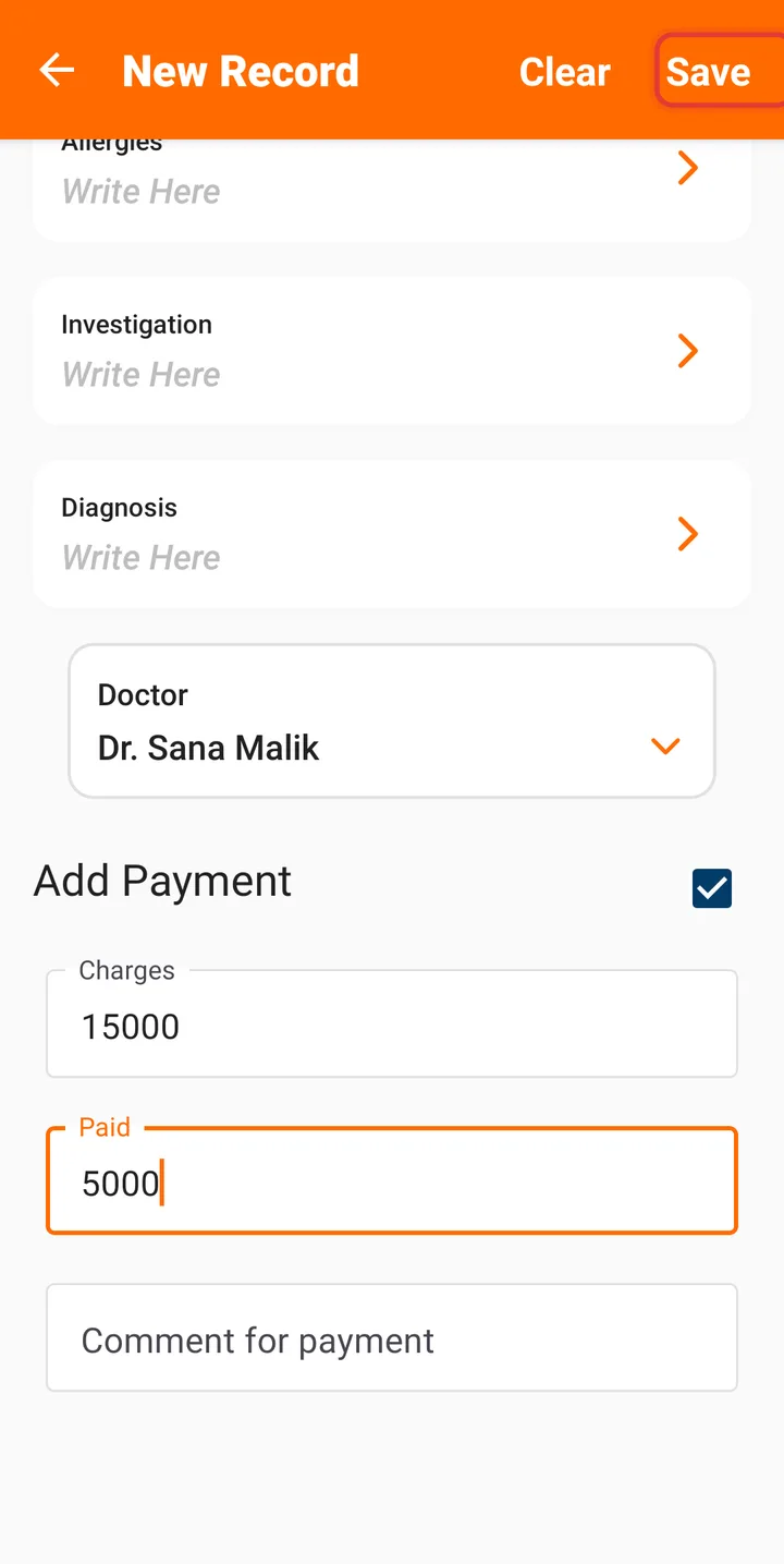 Treatment form with the Save button highlighted