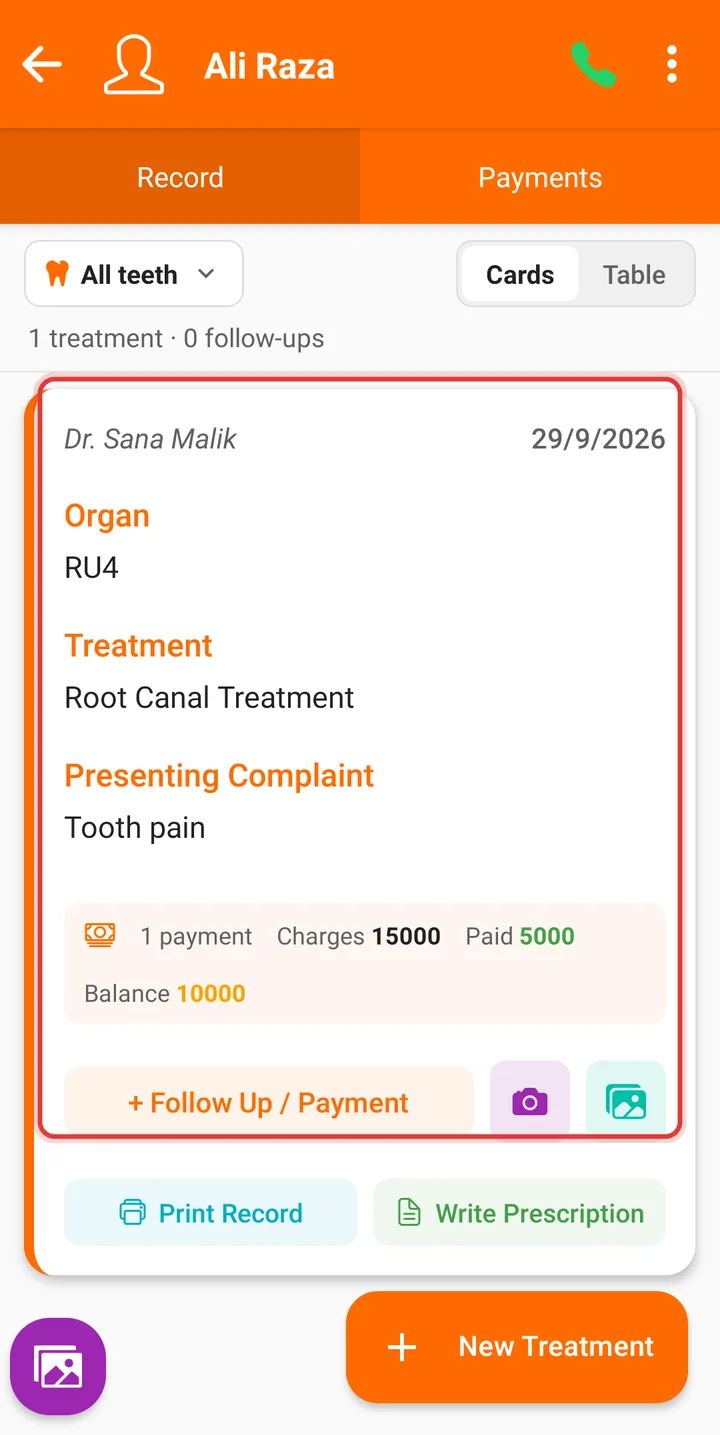 Treatment card on a phone with charges, paid and balance