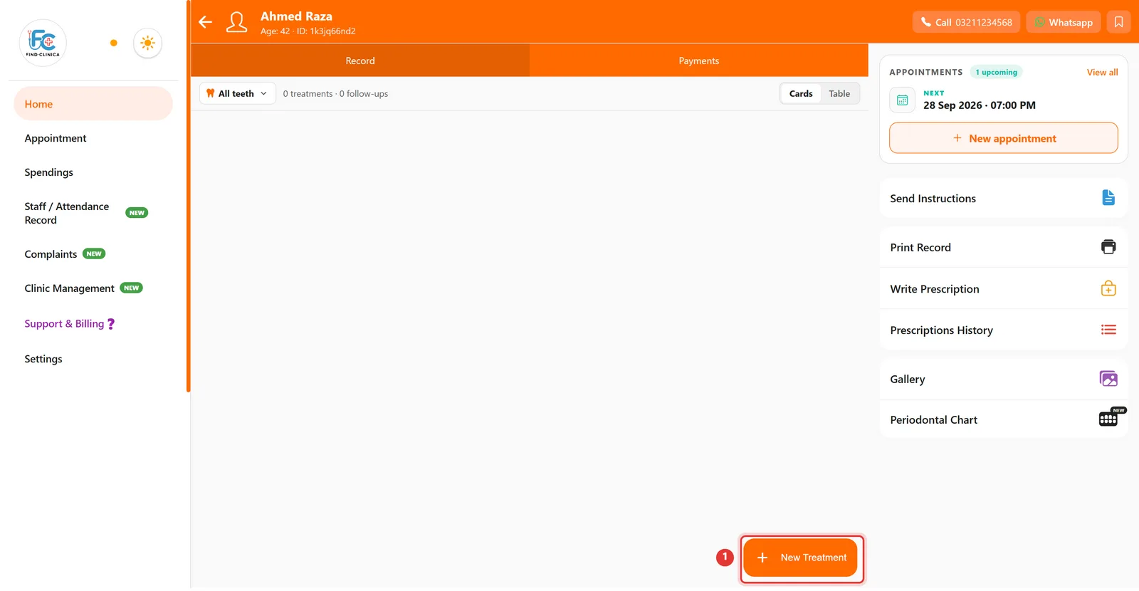 Patient page in FindClinica with the New Treatment button highlighted