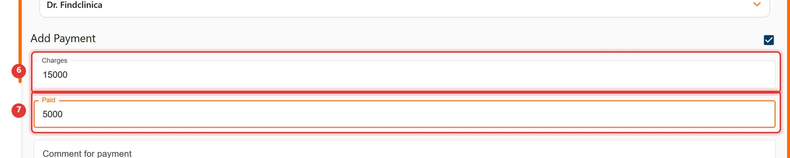 Add Payment section with the Charges and Paid fields highlighted