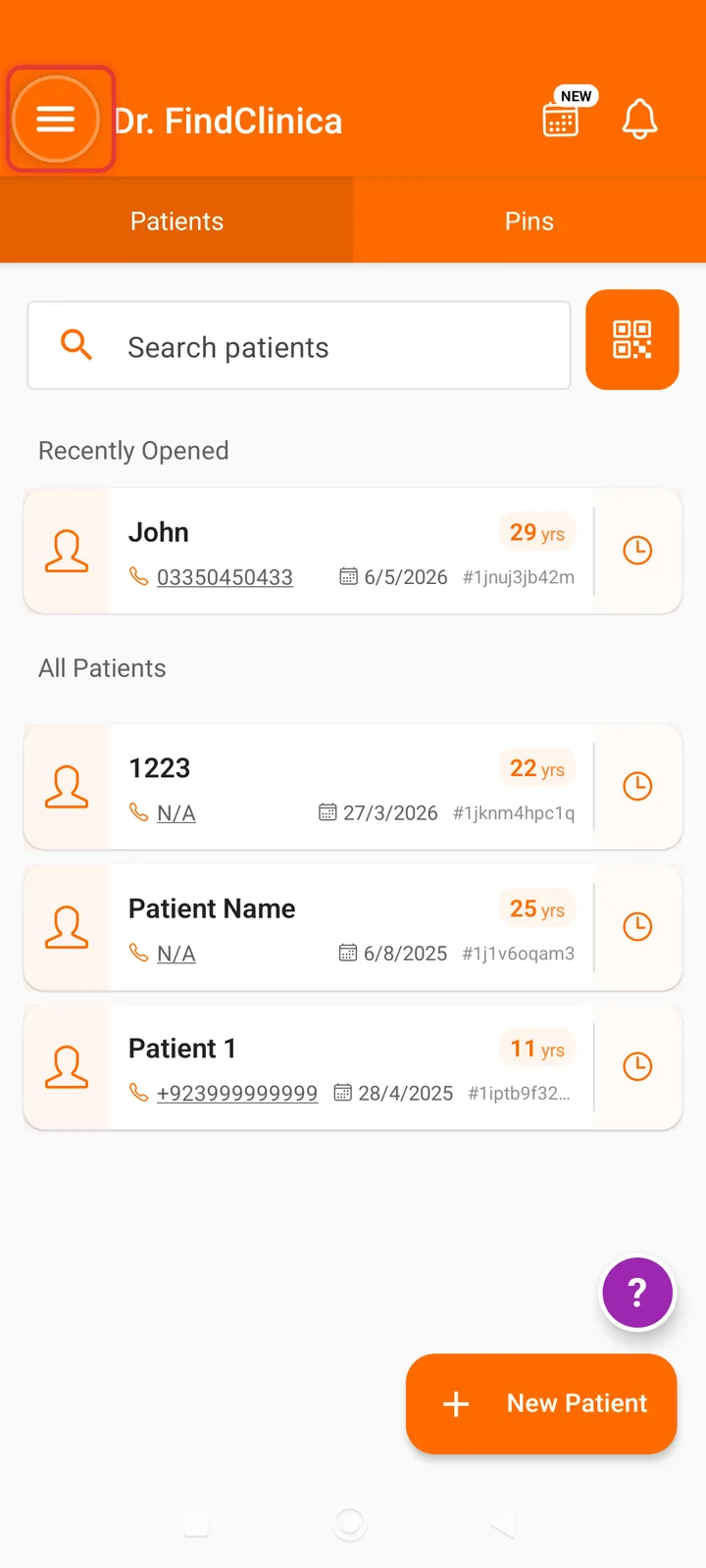 FindClinica home screen on a phone with the menu button highlighted — FindClinica dentist & medical software