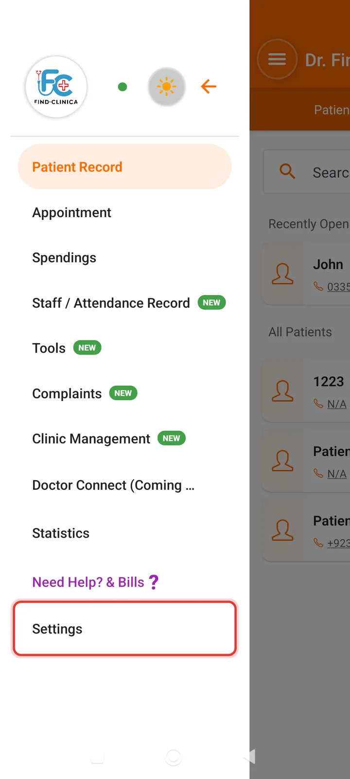 Side menu on a phone with Settings highlighted — FindClinica dentist & medical software