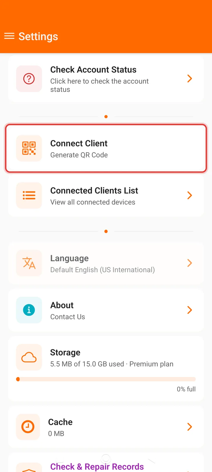 Settings screen on a phone with Connect Client highlighted — FindClinica dentist & medical software