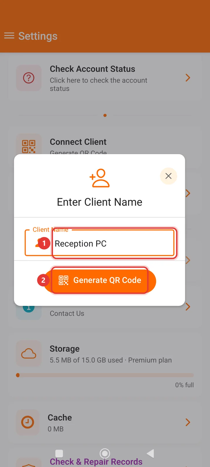 Enter Client Name dialog with the name Reception PC and the Generate QR Code button highlighted — FindClinica dentist & medical software