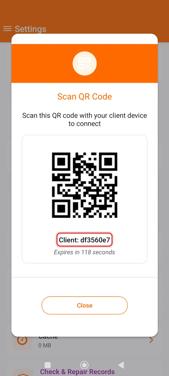 Scan QR Code dialog on a phone with the connection code under the QR code highlighted — FindClinica dentist & medical software