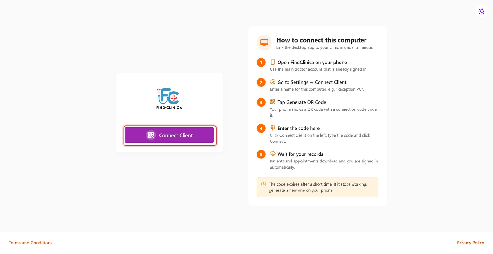 FindClinica desktop sign-in screen with the Connect Client button highlighted — FindClinica dentist & medical software