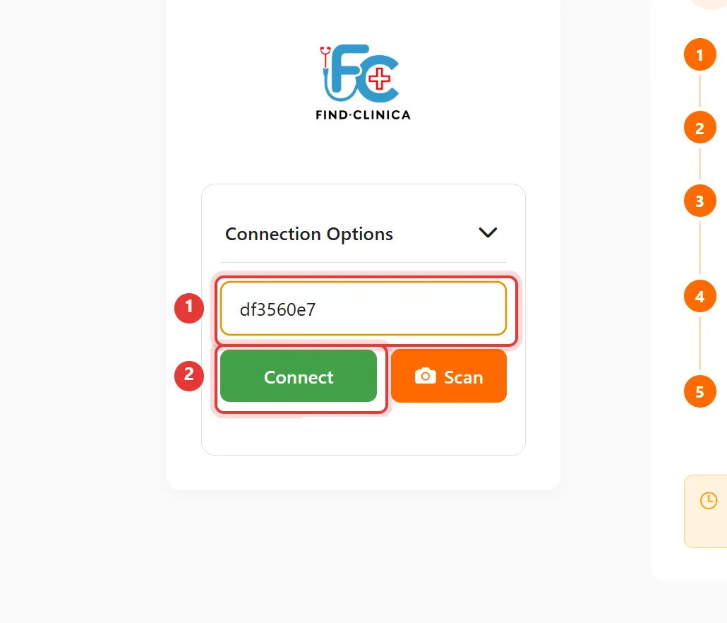 Connection Options box on the desktop app with the code typed in and the Connect button highlighted — FindClinica dentist & medical software