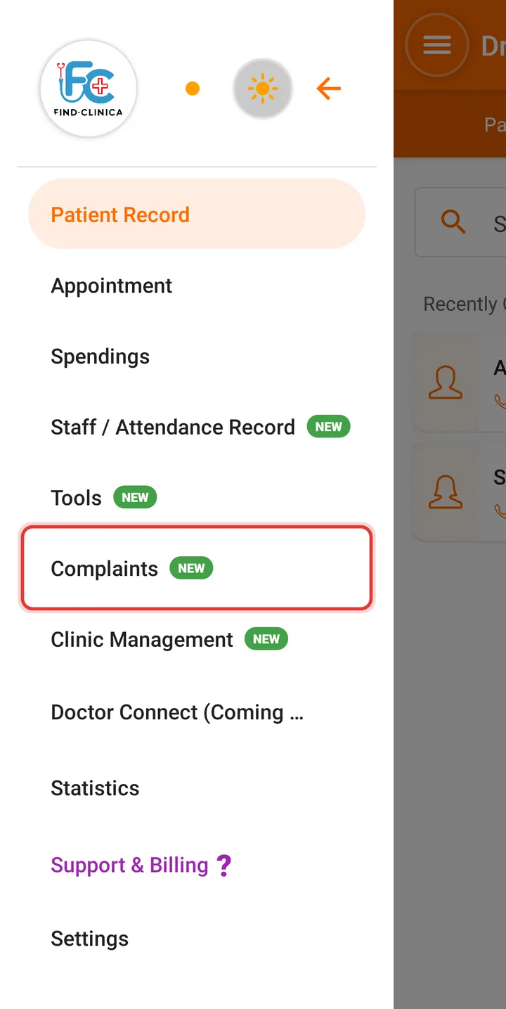 Side menu with Complaints highlighted