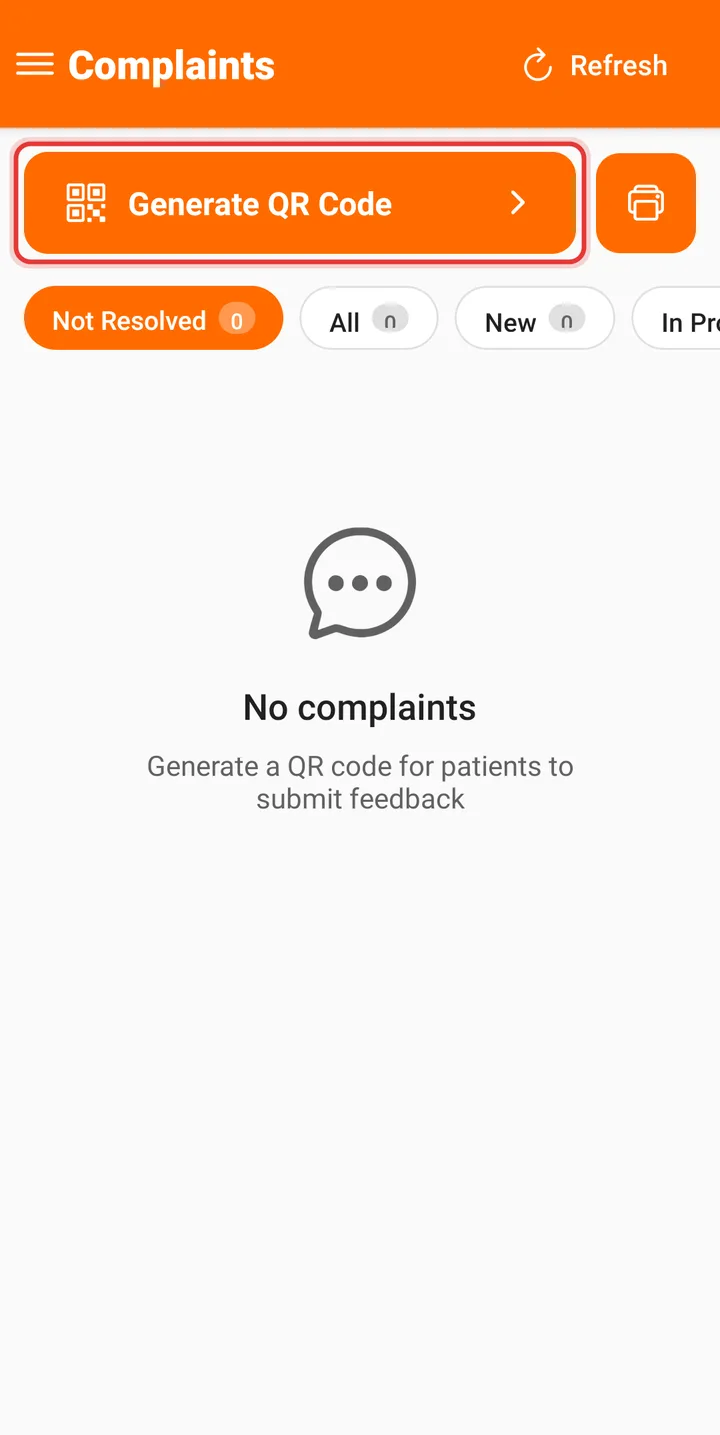 Complaints screen with the Generate QR Code bar highlighted